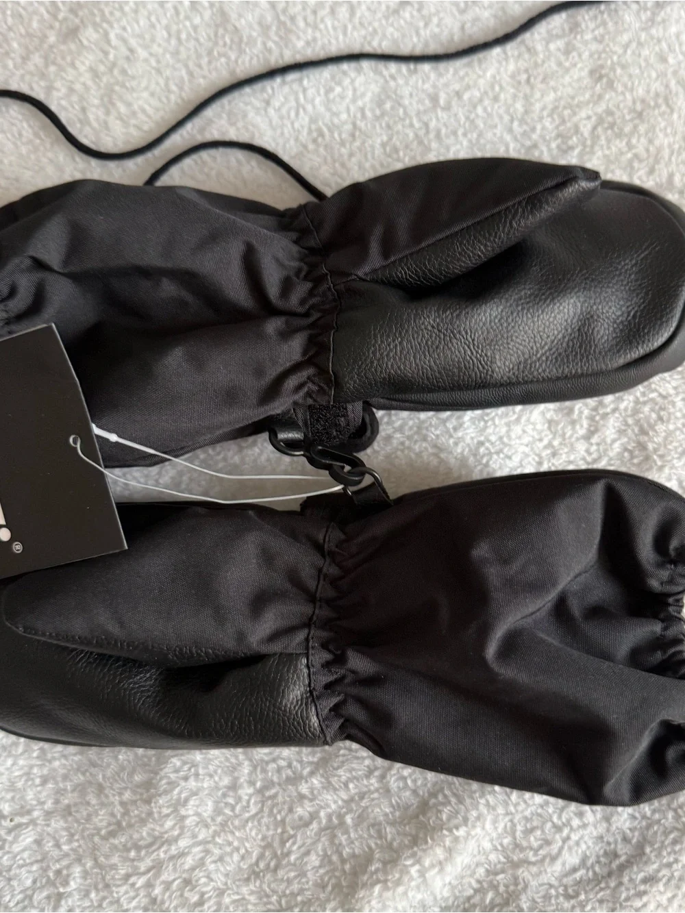 Black Winter Mittens - Faux Leather Palms